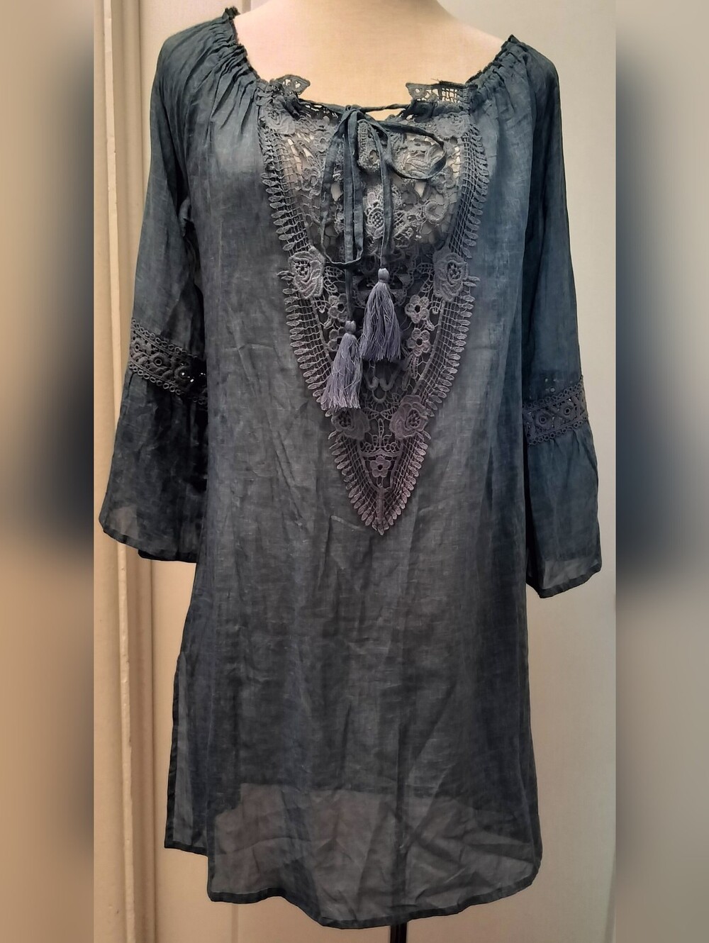 Women's Smoky Blue Lace-Tassel Tunic Top - By Debbie Katz